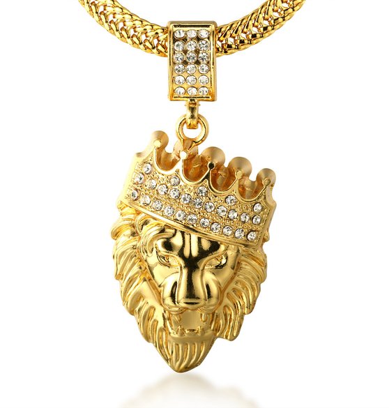 SUMMER SALE! Halukakah® Men's 18k Real Gold Plated "KINGS LANDING"Crown Lion Pendant Necklace,Cz Inlay,with FREE Fishtail Chain 30"