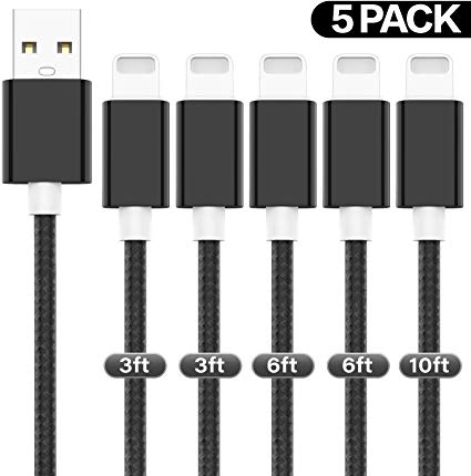 Lightning Cable Compatible with iPhone Charger 5Pack 3FT 3 FT 6FT 6FT 10FT to USB Syncing and Charging Cable Data Nylon Braided Cord Charger for iPhone 7/7 Plus/6/6 Plus/6s/6s Plus/5/5s/5c/SE and more