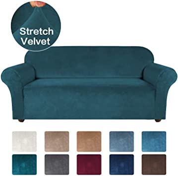 Turquoize Velvet Sofa Slipcover Stretch Couch Covers for 3 Cushion Couch Thick Soft Sofa Cover with Non Slip Straps Furniture Protector, Couch Covers for Dogs,Form Fit Couch Slipcover(Sofa, Deep Teal)