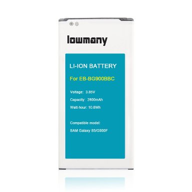 Lowmany 1 x 2800mAh Replacement Batteries for Samsung Galaxy S5, I9600,EB-BG900BBU
