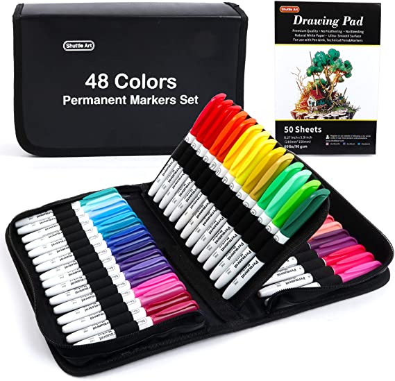 Permanent Markers, 48 Colors Fine Point Permanent Marker Assorted Colors with Travel Case, Ideal for Adults Coloring Doodling on Plastic, Glass, Wood and Stone, Gift for Kids by Shuttle Art