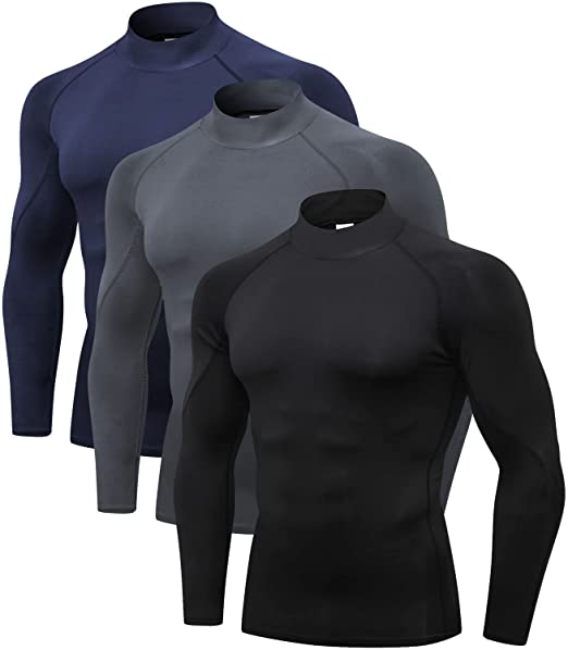 Odoland 3 Pack Mens Long Sleeve Compression Shirts, Mock Turtleneck Shirts, Active Workout Cool Dry Athletic Base Layer Top