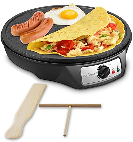 Nonstick 12-Inch Electric Crepe Maker - Aluminum Griddle Hot Plate Cooktop with Adjustable Temperature Control and LED Indicator Light, Includes Wooden Spatula and Batter Spreader - NutriChef