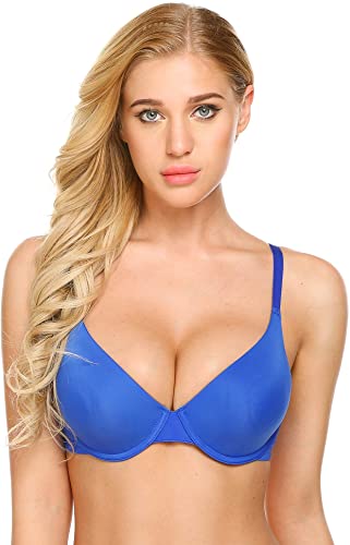 Ekouaer Bras for Everyday Basic Comfort Lightly Padded Underwire Plunge T-Shirt Bra 32A-38DD