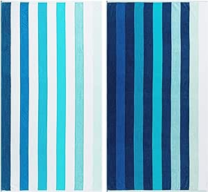 Superior Coastal Blues 100% Egyptian Cotton Oversized Reversible Beach Towel Set, Blue Ombre Stripes, 2-Piece