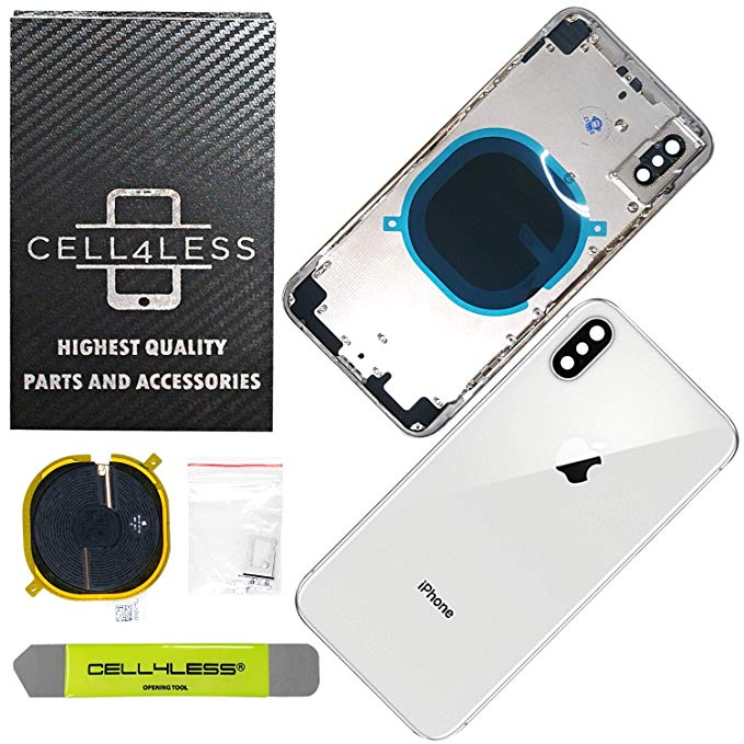 Cell4Less Back Housing Assembly Metal Frame w/Back Glass - Wireless Charging pad - Sim Card Tray and Camera Frame and Lens for iPhone X (Silver)