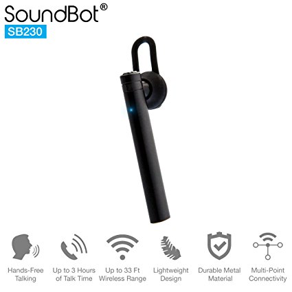 SoundBot SB230 Mono Headphone, Hands-free Talking, Up to 3 Hours of Talk Time, Up to 33 Ft Wireless Range, Lightweight Design, Durable Metal Material, Multi-Point Connectivity