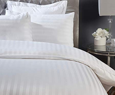 Highliving Fitted sheet 300 Thread Count White Satin Stripe 100% Egyptian cotton Hotel Quality (Double)