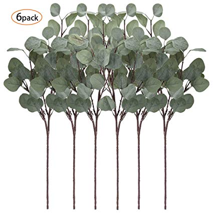 YOUZAN Artificial Eucalyptus Leaves Stems 6 Pcs Faux Silver Dollar Eucalyptus Leaf Branches in Grey Green for Home Party Wedding Decoration(25.5" Tall)