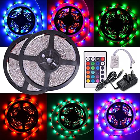 Noza Tec 3528 SMD 300 Leds/M Strip With 6A UK Adapter & 24 Key Colours IR Controller, Pack of 2x5M(10M in Total)
