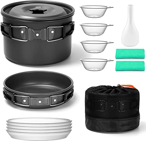 Odoland 14pcs Camping Cookware Mess Kit, Camping Cooking Set, Portable Camp Pots and Pans Set with Plates Bowls for Outdoor Camping, Picnic, Hiking, Backpacking