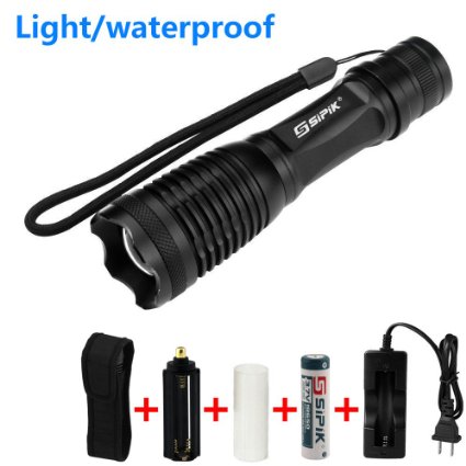 Sipik 700 Lumen Handheld Led Flashlight Cree Xml- T6 Water Resistant Camping Torch Adjustable Focus Zoom Tactical Light Lamp for Outdoor Sportspowered By 1x18650 or 3 X AAA Battery AAA Not