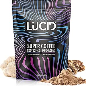 Lucid Superfood Organic Mushroom Coffee with Nootropics - Lion's Mane, Tremella, Cordyceps & Turkey Tail - Instant Mushroom Coffee Focus Brain Health - Alpha GPC, L-Theanine, Ginko Biloba - USA Made