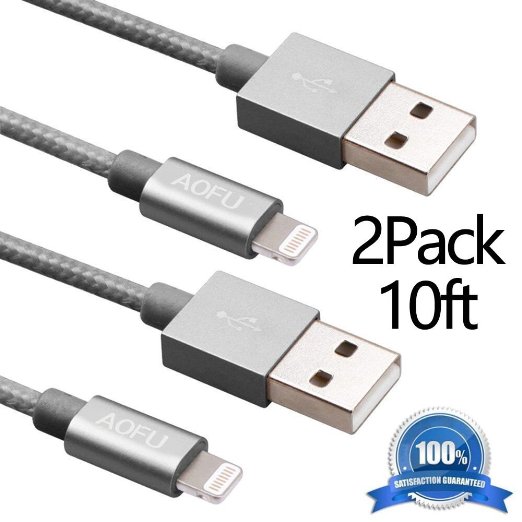 AOFU iPhone Cable,2Pack 10ft Nylon Braided Apple Lightning Cable USB Cord Charging Cable for iPhone 6/6 Plus/6s/6s Plus,iPhone 5 5c 5s,iPad 4 Mini Air(Gray)