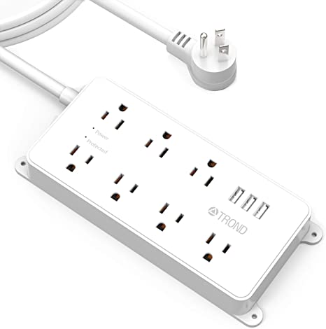 TROND Surge Protector Power Bar With 3 USB Ports, ETL Listed, 7 Widely-Spaced Outlets, 10ft Long Extension Cord, Flat Plug Power Strip, 1700 Joules Surge Protection, Wall Mountable, For Workbench, Nightstand, Dresser, Office, White