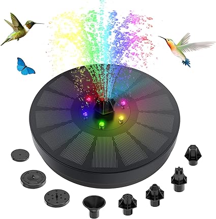 Solar Powered Bird Bath Fountain Pump, 3W Solar Powered Water Fountains with Color LED Lights 8 Nozzles & 4 Fixed Pipes for Bird Bath, Garden, Pool, Ponds, Fish Tank