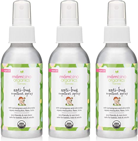 Mambino Organics DEET-Free Natural Anti-Bug Repellant Spray, Lemongrass - Citronella, Safe for Babies and Pets (2.7oz) 3 Pack