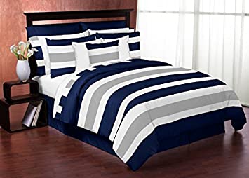 Navy Blue, Gray and White Childrens, Teen 3 Piece Full/Queen Boys Stripe Bedding Set Collection