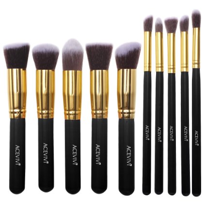 ACEVIVI Professional 10pcs Premium Synthetic Kabuki Makeup Brush Set Foundation Blending Cosmetic Brushes Essential Kit Black   Gold