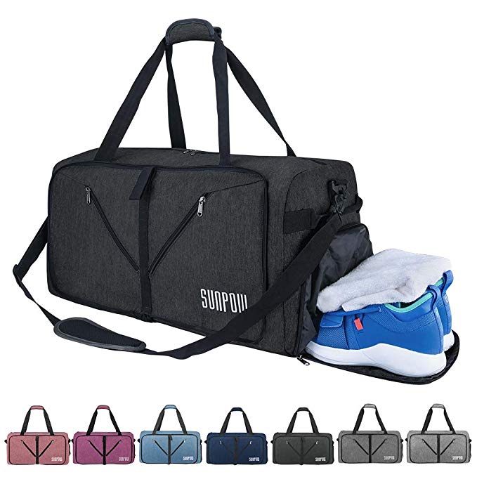 SUNPOW 65L Travel Duffle Bag, Foldable Sport Gym Bag with Shoe Compartment, Lightweight Luggage Duffel Bags for Men Women