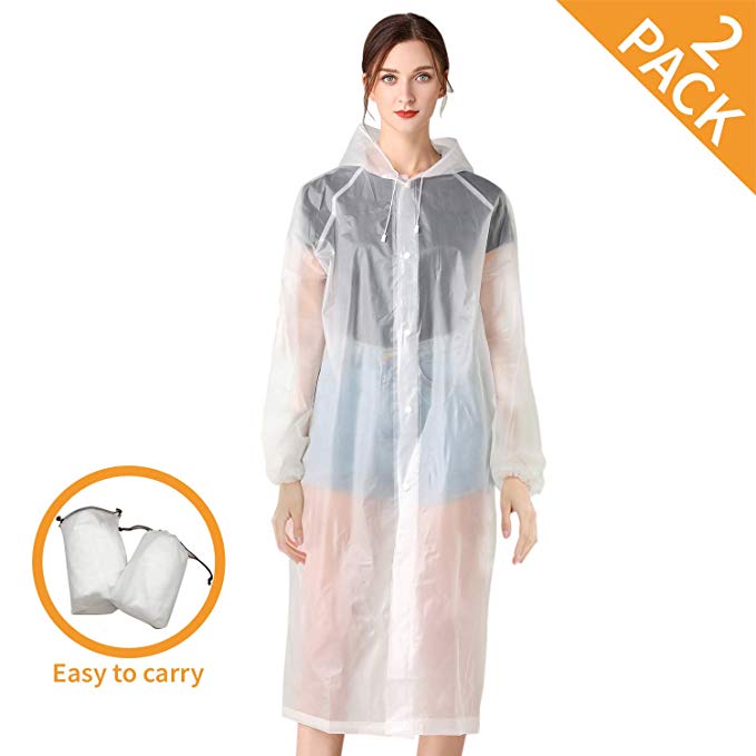 Craftersmark Rain Poncho for Adult Waterproof Rain Ponchos with Drawstring Hood Raincoat for Men Women, 2 Pack EVA Reusable Jacket for Disney Hiking Travel Concerts, Size 58" by 27.5"