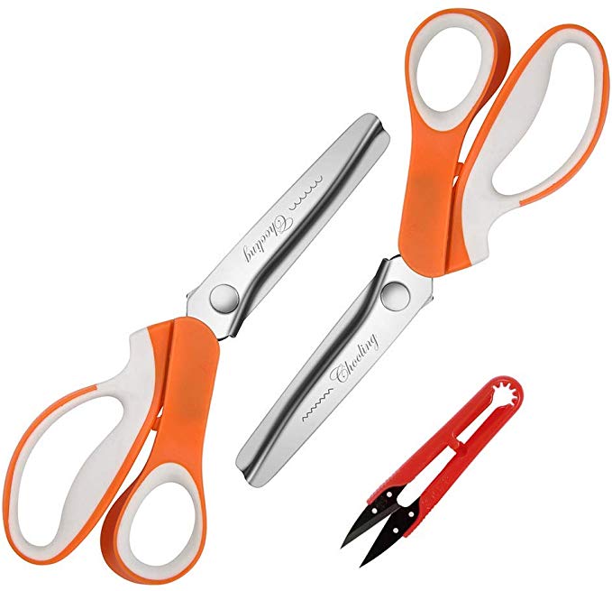 Pinking Shears Set (Pack of 2 PCS, Serrated & Scalloped Edges) by Chooling - Zig Zag Scissor for Fabric Leather - Wave Fabric Scissor - Dressmaking Sewing Dog/Triangle Teeth Tailor Scissors CL-030-K