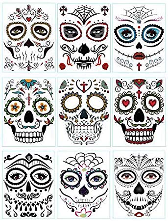 DaLin 9 Sheets Floral Day of the Dead Sugar Skull Temporary Face Tattoo Kit for Halloween