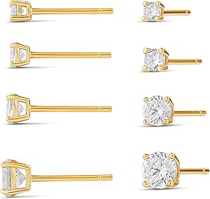 Amazon Essentials 14K Gold Plated Sterling Silver Round or Princess Cut Cubic Zirconia Stud Earring Set