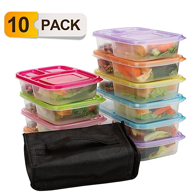 Meal Prep Containers,10 pack Lunch Boxes,Food Storage with lids,BPA Free Bento Lunch box Set with 3 Seperated Compartments,Leak Proof,Resuable,Stackable,Microwaveable,Freezer and Dishwasher Safe