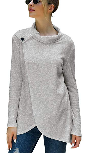 Iandroiy Women's Wrap Shirts Turtleneck Loose Button Lightweight Pullover Tunic Tops