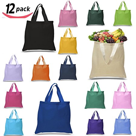 BagzDepot Flat Bottom Cotton Reusable Plain Tote Bag with 21-Inch Handles, 15-Inch-by-16-Inch, Natural (12 Pack)