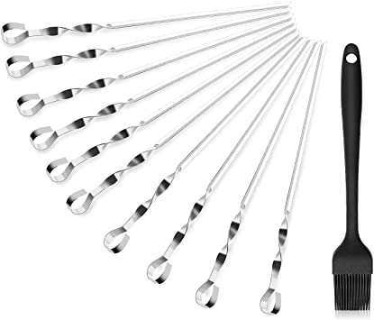 BearMoo Kabob Skewers V-Shape Metal BBQ Barbecue Skewer 17" Long Stainless Steel Shish Kebob Sticks Wide Reusable Grilling Skewers Set for Meat Shrimp Chicken Vegetable (Set of 10  1 X Baking Brush)