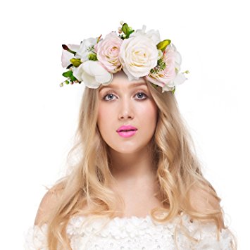 Valdler Transparent Pink and Cream Rose Berries Flower Crown Headband with Adjustable Ribbon for Wedding Festivals Pink