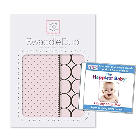 SwaddleDesigns SwaddleDuo 2 Piece with The Happiest Baby White Noise CD Bundle, Modern Duo, Pastel Pink