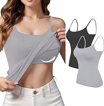 Womens 2 Pack Camisoles with Built in Bra Sleeveless Tank Top Adjustable Spaghetti Strap Base Layer Basic Cami Shirts