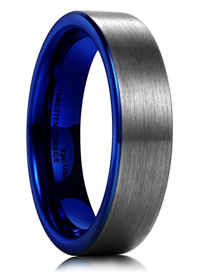 King Will DUO Women Men 6mm Flat Blue Tungsten Carbide Ring Matte Brushed Wedding Band Comfort Fit