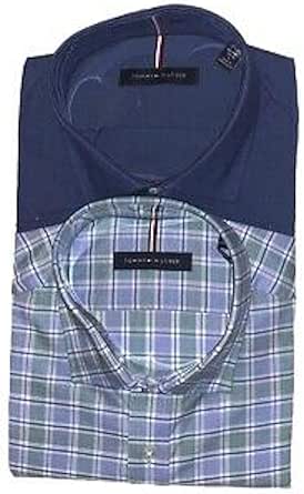 Tommy Hilfiger Men's 2 Pack Button Up Dress Shirt (Navy/Green Multi, 16-16 1/2 32/33 Large)