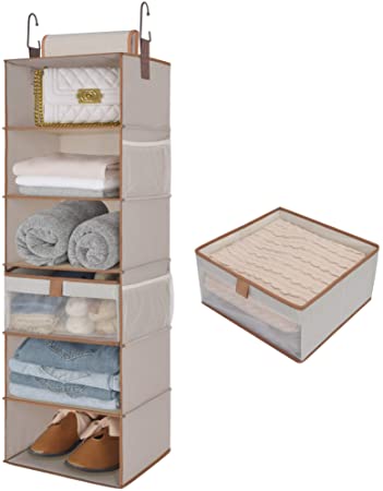 StorageWorks 6-Shelf Large Hanging Closet Shelves, Hanging Closet Organizer with 1 Drawer, Canvas, Light Brown, 13.6" W x 12.2" D x 42.5" H