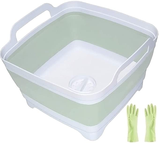 Dish Basin Collapsible with Drain Plug Carry Handles for 9.3L Capacity, Foldable Sink Tub, Dish Wash Basin, Portable Dish Tub, Collapsible Dishpan for Camping Dish Washing Tub and RV Sink (Green)