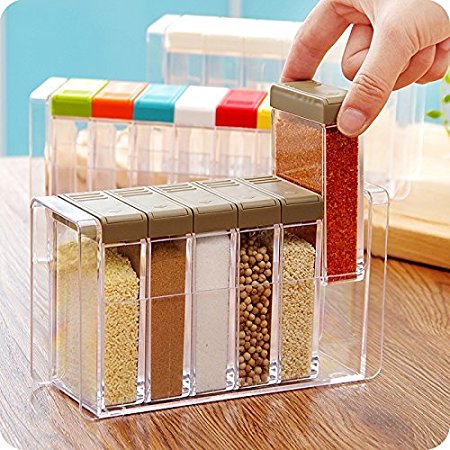 YIXIN Set of 6 Spice Shaker Seasoning Bottle Jar Condiment Storage Container with Tray for Salt Sugar Cruet