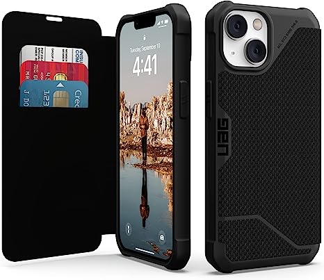 Urban Armor Gear Metropolis Folio Case Compatible with Apple iPhone 14 / iPhone 13 [Wireless Charging (Qi) Compatible Cover, Case with Stand Function and Card Slots] Kevlar Black