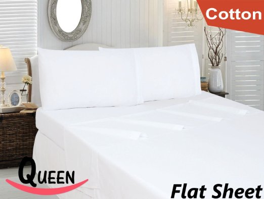 Cotton Sateen Queen Flat-Sheet White - Premium Quality Combed Cotton Long Staple Fiber - Breathable, Cozy, Comfortable & Exceptionally Durable - Hotel Quality By Utopia Bedding (Queen, White)