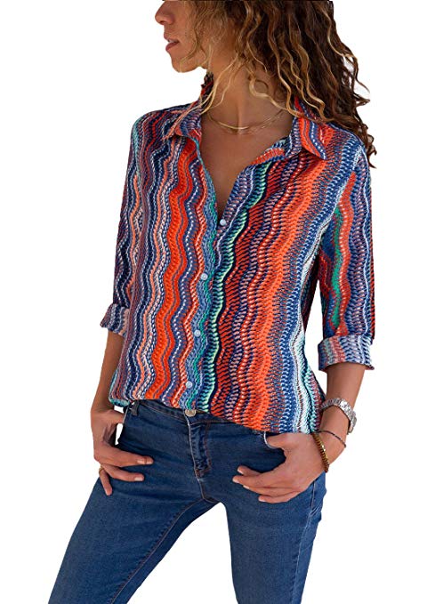 Dokotoo Womens V Neck Button up Color Block Stripes Blouse Casual Tops