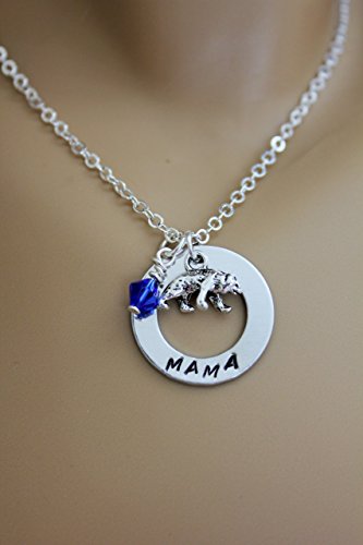 Mama Bear Hand Stamped Necklace with Swarovski Birthstone Bead