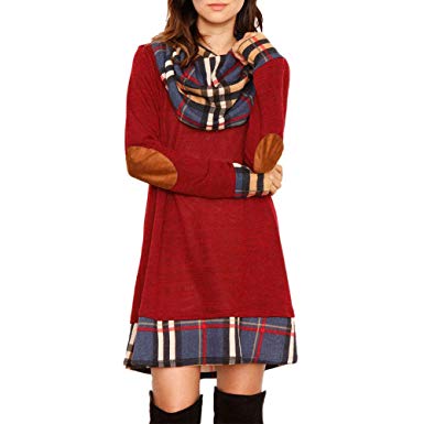Alaster Queen Women's Cowl Neck Long Sleeve Plaid Elbow Patch Casual Sweater Mini Tunic Dress for Women