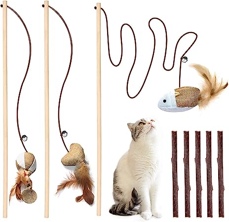 3 PCS Cat Wand Toys, 16 Inch Natural Wooden Cat Teaser Wand Toys with 5 PCS Silvervine Sticks for Cat, Interactive Cat Feather Wand Toy for Indoor Cats, Elastic String Cat Pole Toy with Bell, Feather