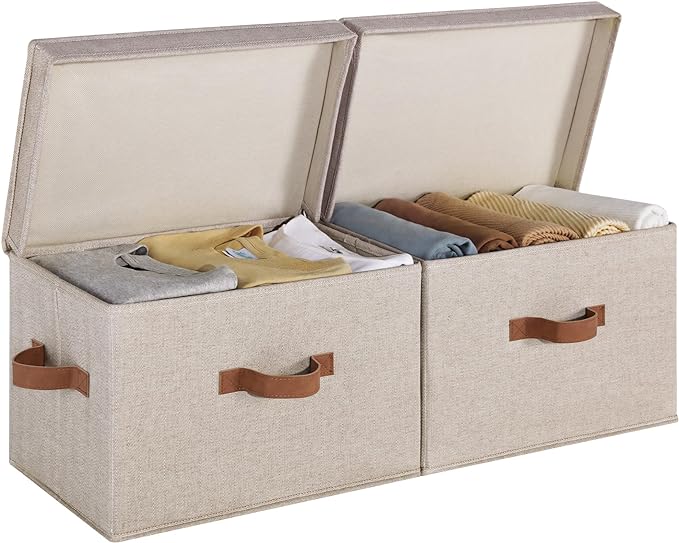 StorageWorks Closet Storage Bin with Lids, Decorative Storage Boxes with Handles, Fabric Storage Bins for Clothes, Large, Brown and Beige, 2-Pack