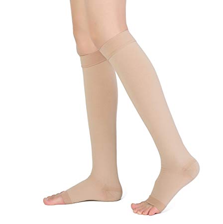 Medical Compression Stockings, Open-Toe, TOFLY 20-30 mmHg Knee High Graduated Compression Socks, Opaque, Work for Maternity Pregnancy, Nursing, Varicose Veins, Edema, Spider Veins. 1 Pair Beige S