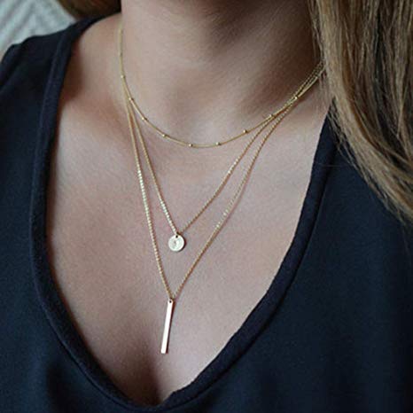 Artmiss Bar Pendant Necklace Women Gold Long Y Necklace Simple Multilayer Minimalist Sequins Chain for Girls (Gold)