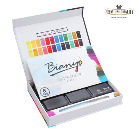 Bianyo 36 Watercolor Paint Set ( With Small Size Water Brush,8 Pieces Watercolor Paper,36 Paint Cakes in A Tin Metal Case)